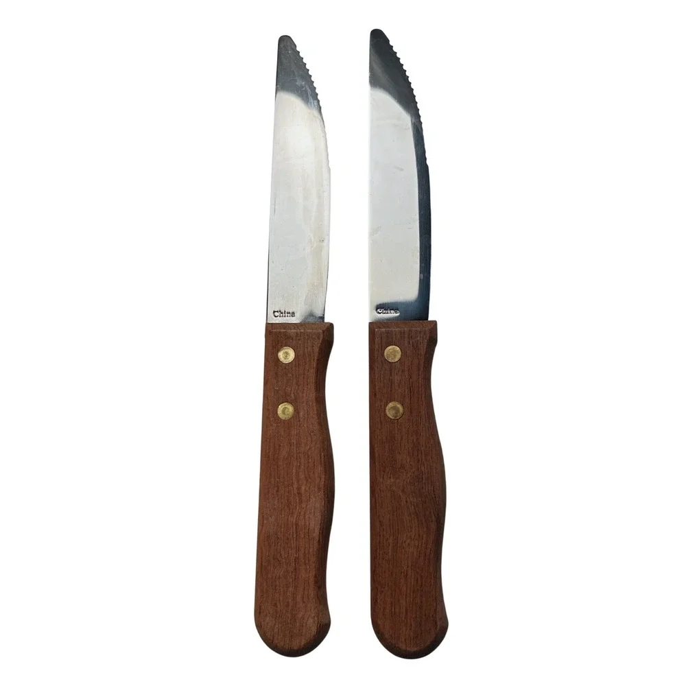 Oneida Steak Knives Set of 2 Stainless Serrated Blade Wood Handle Triple Rivet‎